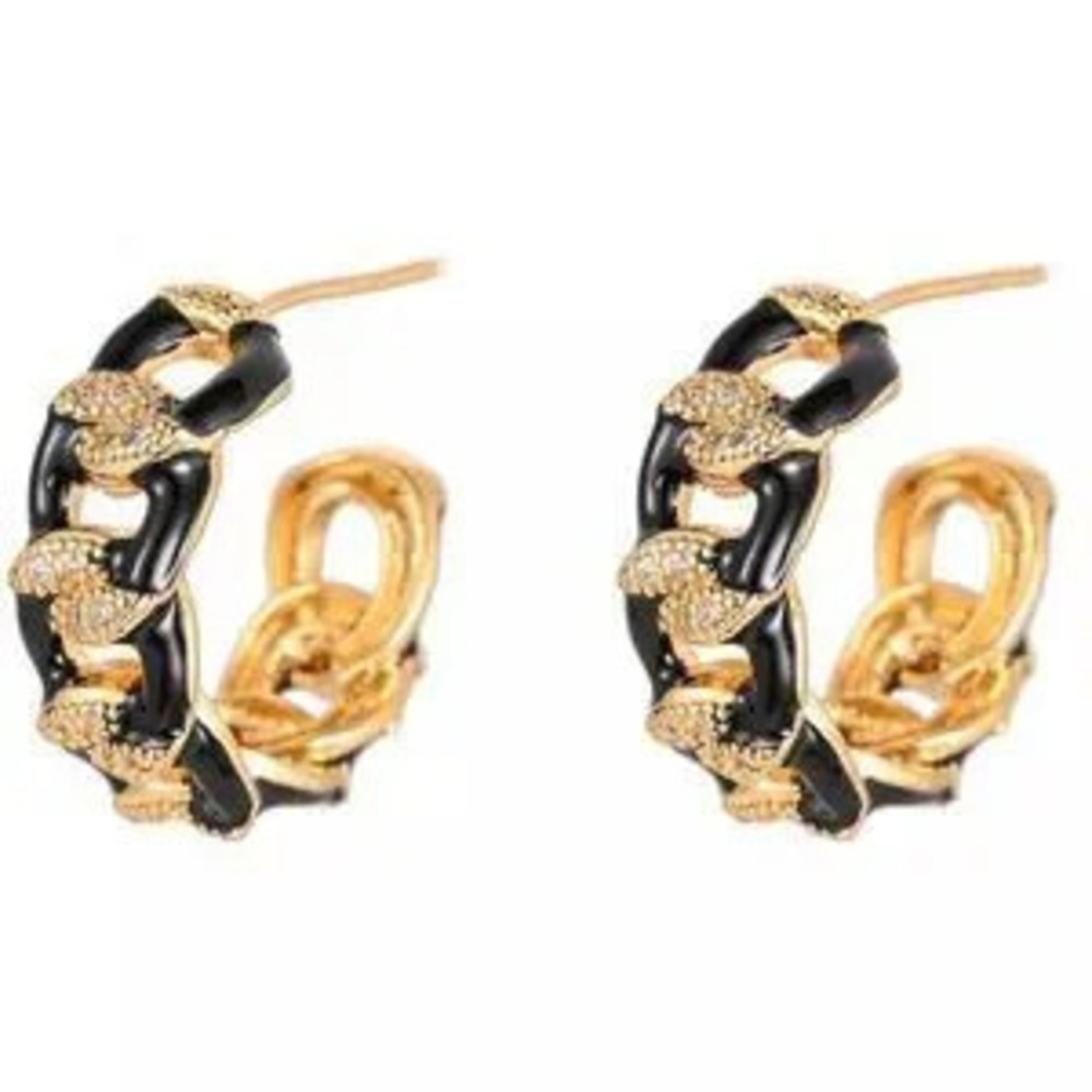 New Black Gold Chain Enamel Hoop?Earrings